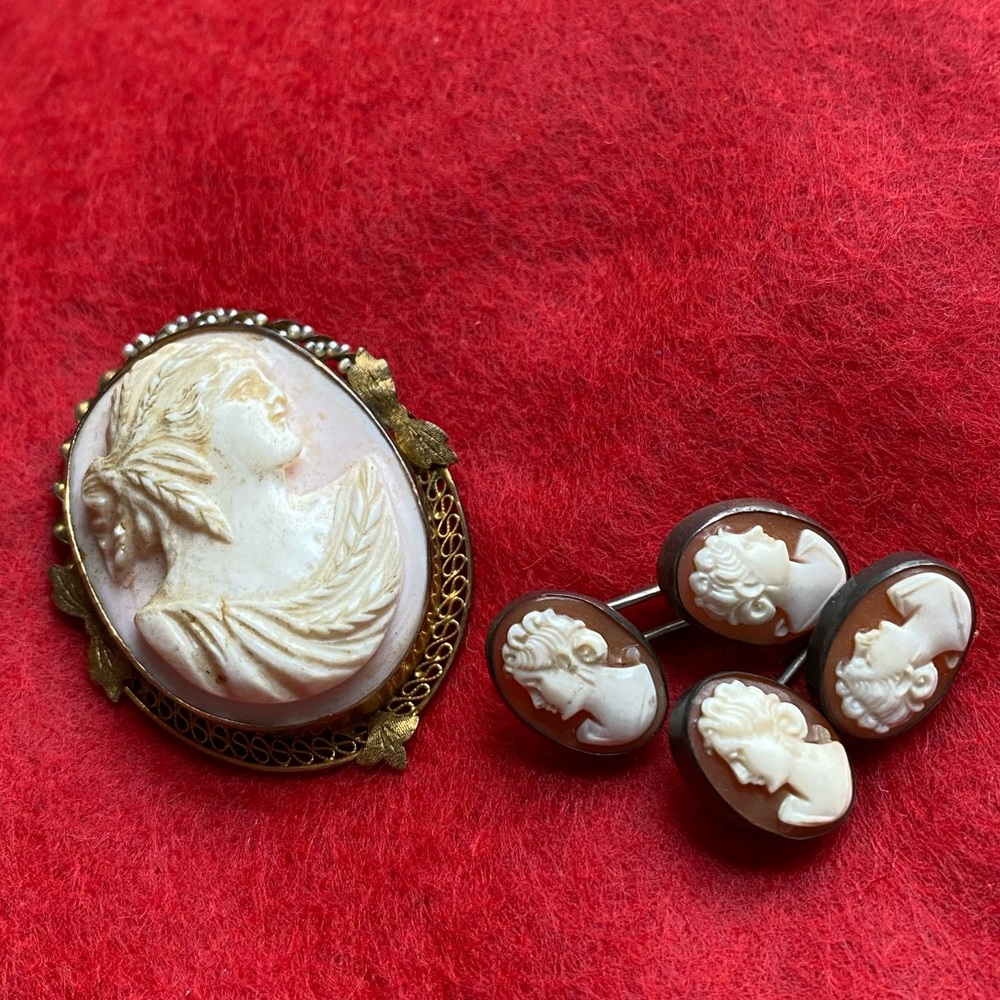 Antique Hand Carved Cameo Pendant and Cuff Links